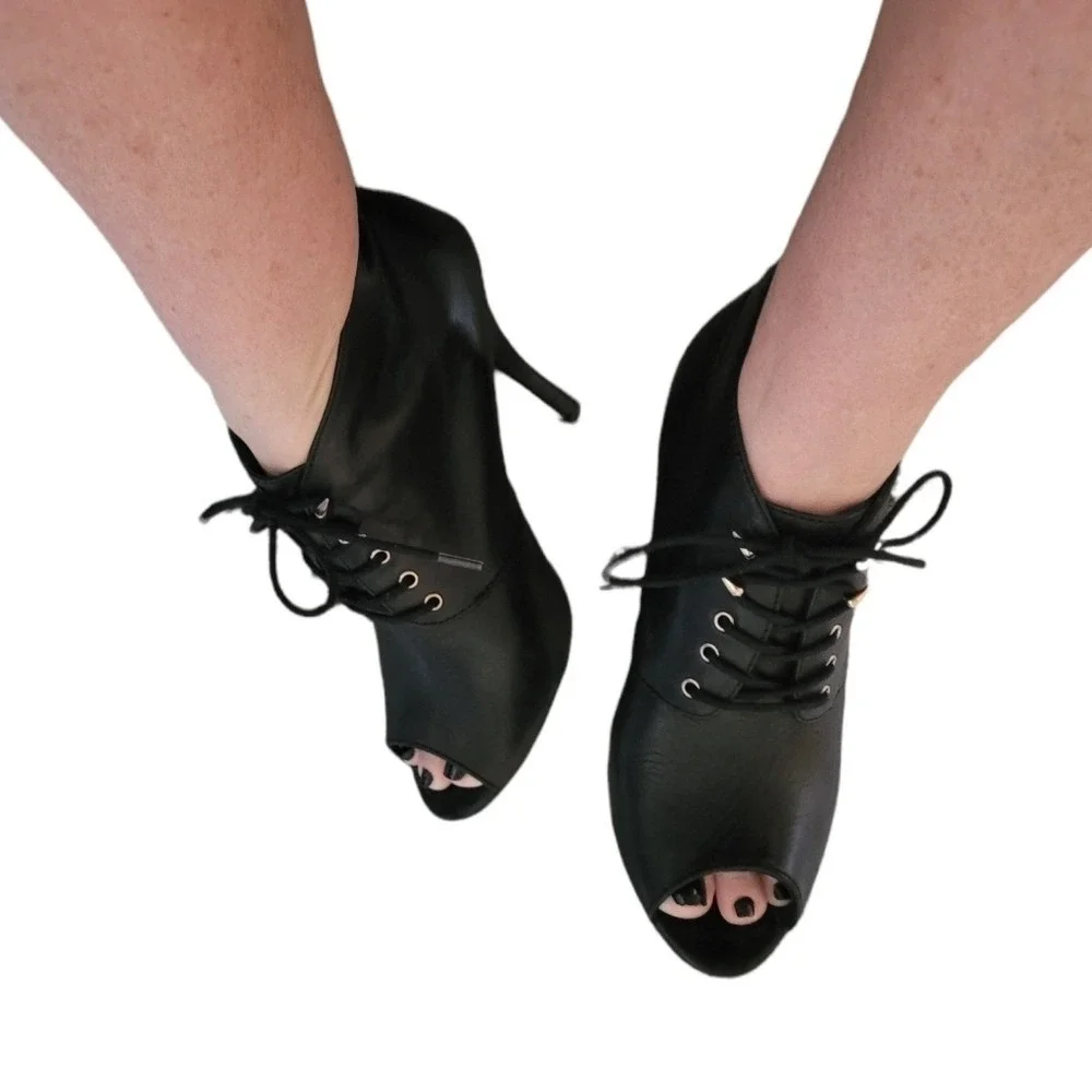 Aldo Black Leather Peep Toe Lace Up‎ Stiletto Ankle Booties Gold Studded Heels